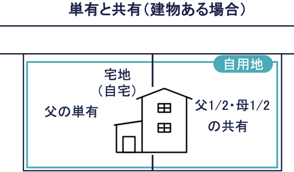 その②：隣接する単有と共有の土地（建物がある場合）の図