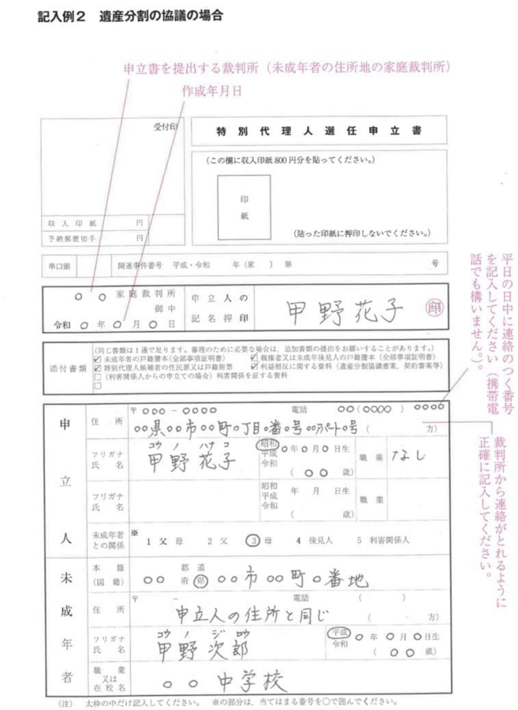 特別代理人選任申立書 → テーブル(様式説明)