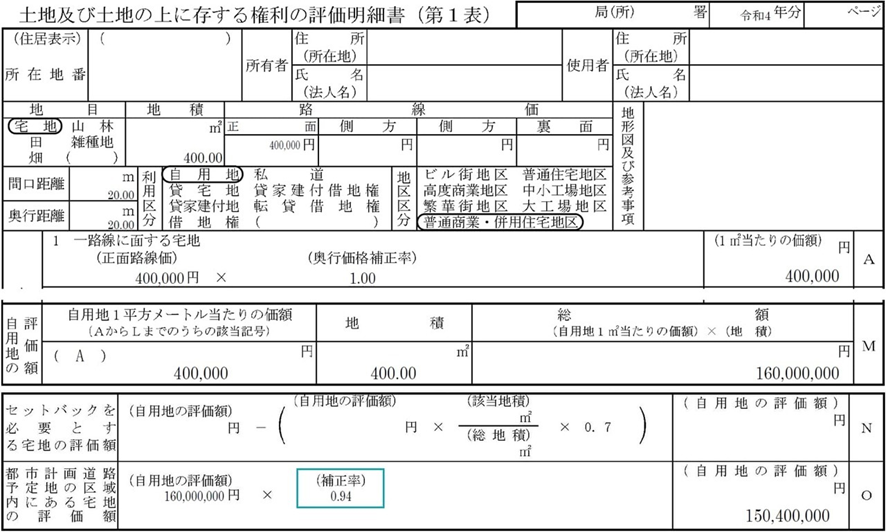 土地及び土地の上に存する権利の評価明細書の記載例(1)