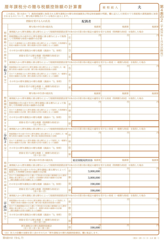 第4表の2 暦年課税分の贈与税額控除額の計算書